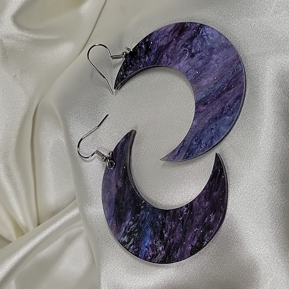 Jewelry - Large Cosmic Crescent Shimmer Drop Earrings, oversized moon
